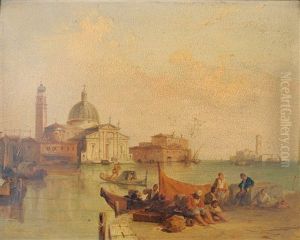 Venetian Canal Scene With Figures Seated On A Quayside In The Foreground