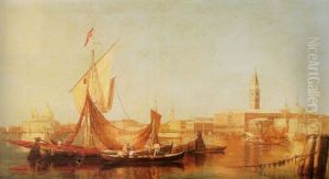 A View Of The Doge's Palace Venice, From The Lagoon With Figures And Boats In The Foreground by Edward Pritchett