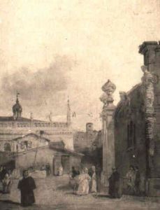 Figures In An Italian Piazza by Edward Pritchett