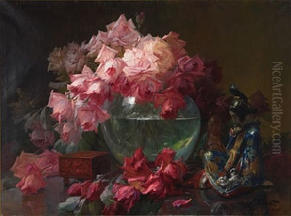 Still Life Of Roses And Japanese Figurine - view 1