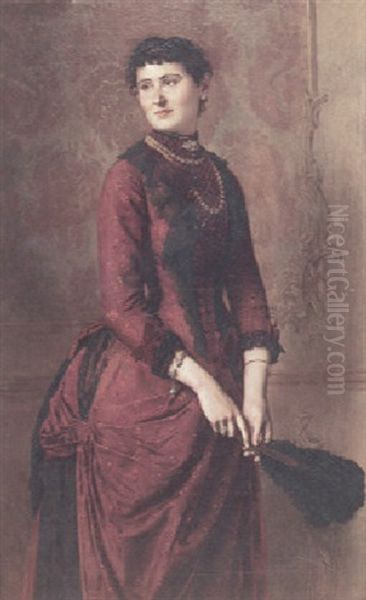A Portrait Of A Lady In A Burgandy Dress Holding A Fan - view 1