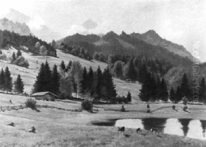 Voralpenlandschaft Mit Rehen Am See