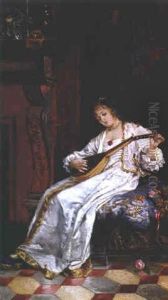Sitzende Mandolinenspielerin Im Kaminzimmer Eines Schlosses