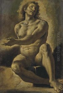 Un Homme Assis Regardant Vers Le Haut Et Pointant Vers La Gauche by Ercole Procaccini the Younger