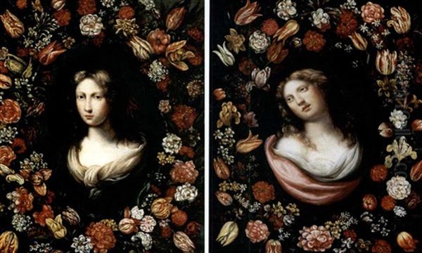 Volto Di Fanciulla Entro Ghirlanda Di Fiori (pair) - view 1