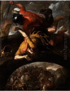 Schlacht Der Alten Heere Mit Zwei Auf Einer Brucke Kampfenden Soldaten by Giulio Cesare Procaccini