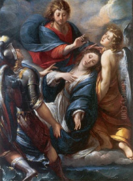 Mary Magdalene Supported By The Archangels Michael And Raphael, Christ Blessing Her Above - view 1