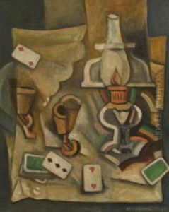 Stillleben Mit Petrollampe Und Spielkarten by Antonin Prochazka