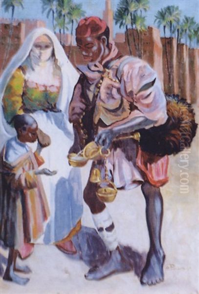 Homme Donnant De L'eau A La Mere Et Son Enfant - view 1
