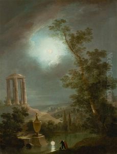 Nachtliche Landschaft Mit Antikem Tempel