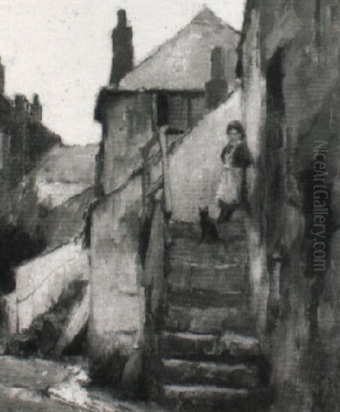 A Young Girl And Her Cat At The Top Of A Small Flight Of Steps - view 1