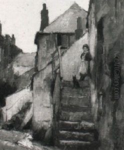 A Young Girl And Her Cat At The Top Of A Small Flight Of Steps