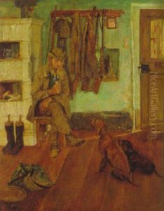 Alter Jager Mit Hunden In Bauernstube by Friedrich Proelss