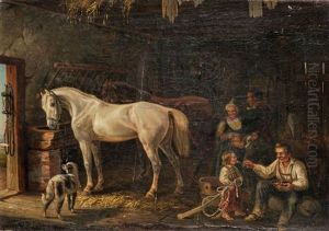 Bauern Und Uniformierter Soldat In Pferdestall by Otto Progel