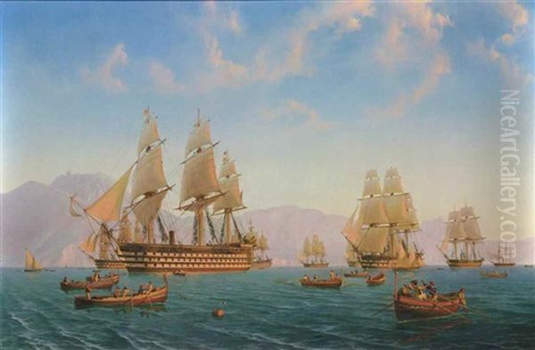 The British Mediterranean Fleet Exercising Off The Amalfi Coast At Sunset, With Fishermen At Work In The Foreground - view 1