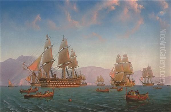 The British Mediterranean Fleet Exercising Off The Amalfi Coast At Sunset - view 1