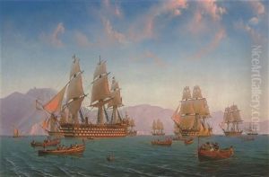 The British Mediterranean Fleet Exercising Off The Amalfi Coast At Sunset by Julius Prommel