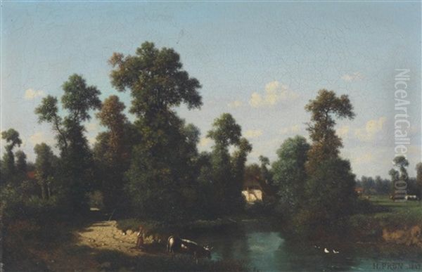 Flusslandschaft Mit Weidenden Kuhen - view 1