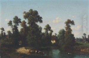 Flusslandschaft Mit Weidenden Kuhen by Louis Hector Pron