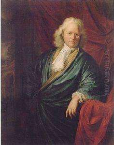 Portrait Of A Gentleman Wearing A Blue Silk Dressing Gown And White Jabot, Standing Beneath A Red Curtain