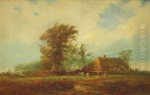 Bauernkate In Landschaft Mit Weidevieh Und Spielenden Kindern by Albert Jurardus van Prooijen