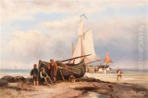 Shell Fishers By The Boat On The Beach by Albert Jurardus van Prooijen