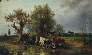 Kuhe An Der Tranke by Albert Jurardus van Prooijen