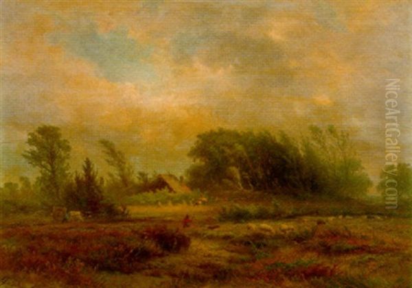 A Heath Landscape In Autumn With A Shepherd And His Flock In The Foreground - view 1