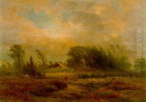 A Heath Landscape In Autumn With A Shepherd And His Flock In The Foreground by Albert Jurardus van Prooijen