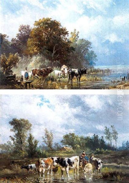 Herderin Op Ezeltje Met Koeien, Schapen En Een Bok In Een Plas - view 1