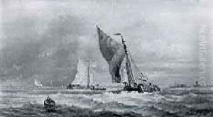 Sailing Boats Off The Coast In A Breeze by Albert Jurardus van Prooijen