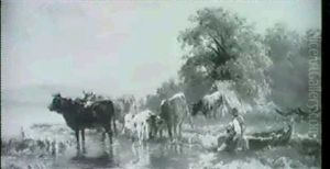 Kuhe Am Wasser Vor Hugeliger, Bewaldeter Landschaft by Albert Jurardus van Prooijen