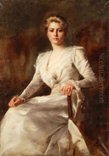 Portrait Einer Eleganten Dame In Weissem Kleid - view 1