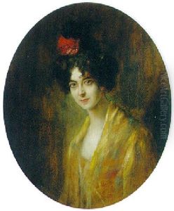 Portrait Of A Lady Wearing A Yellow Dress With A Red Ribbon In Her Hair