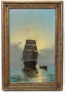 Sail Boat Off The Greek Coast With Figures In A Rowing To Shore by Pavlo Prosalentis