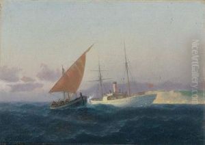 Boat With Red Sail And Ship (+ Fishing In Calm Waters; 2 Works) by Emilios Prossalentis
