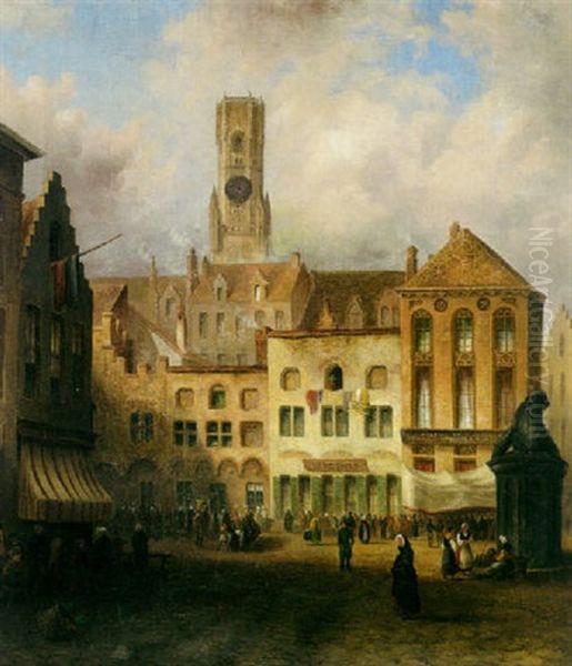 A View Of A Town Square With Numerous Figures And A Church Tower Beyond - view 1