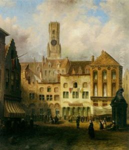 A View Of A Town Square With Numerous Figures And A Church Tower Beyond