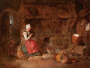 A Young Mother In The Kitchen, Various Objects And A Cat In Front Of Her