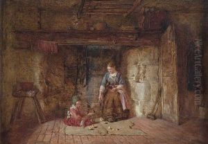 Interieur Eines Bauernhauses. Vor Dem Kamin Futtert Die Bauerin Mit Ihrer Tochter Kuken