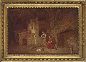 A Young Boy And Girl In A Kitchen Interior Feeding Rabbits by Alfred Provis