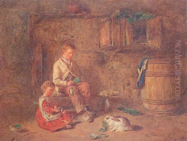 Interior Cottage With A Boy And A Girl Feeding A Rabbit - view 1