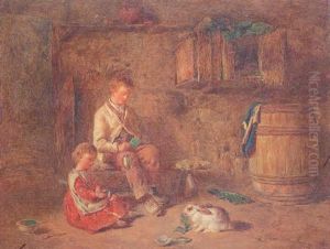 Interior Cottage With A Boy And A Girl Feeding A Rabbit