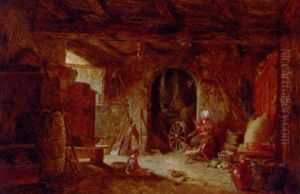 A Cottage Interior With A Woman At A Spinning Wheel