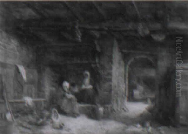 Women At A Hearth Tending Baby In Rustic Cottage - view 1