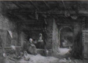 Women At A Hearth Tending Baby In Rustic Cottage