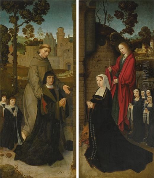 Two Double-sided Wings Of A Triptych Left Panel: Saint Francis With A Male Donor And Two Sons (verso); The Angel Of The Annunication En Grisaille (recto); Right Panel: Saint Margaret Of Antioch With A Female Donor And Four Daughters (verso); The Virgin An - view 1