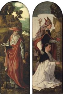The Sidewings Of A Triptych, A Donor Presented By Saint Augustine (+ Saint Jerome; 2 Works) by Jan Provoost