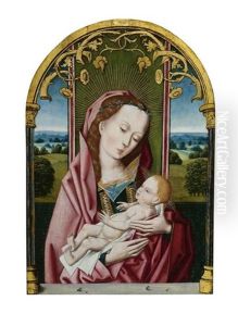 Maria Mit Dem Kind In Einer Fensternische Vor Einer Landschaft Im Hintergrund