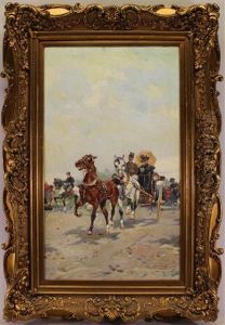 Ainting Of A Horse Drawn Carriage With A Man And Woman by Gustav Prucha
